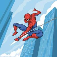 héroe con rojo mas araña columpio terminado el ciudad vector