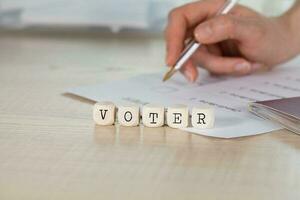 Word VOTER composed of wooden letters photo