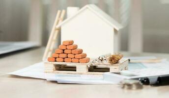 Red bricks for construction, mini rakes and sweeper on a small wooden pallet. photo