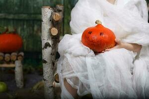 Boy of six years dressed in mummy costume. photo