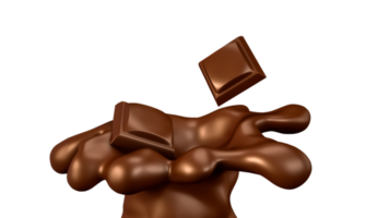 Chocolate pieces falling on chocolate splash 3d illustration png