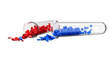 polymeer plastic kraal rood en blauw polymeer hars in monster test buis, plastic granuleren voor injectie gieten werkwijze 3d illustratie png