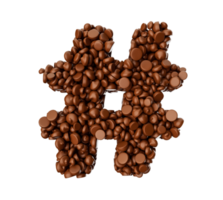 símbolo de hashtag hecho de chispas de chocolate piezas de chocolate alfabeto letra hash símbolo 3d ilustración png