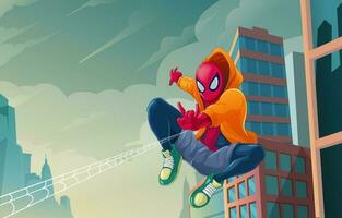 Spider Hero Swinging In The City Background vector