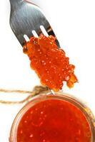 Red caviar on a metal fork. photo