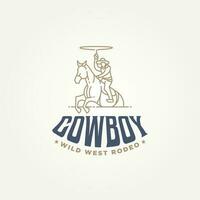 minimalist cowboy wild west rodeo line art icon logo template vector illustration design. simple modern american cowboy riding horse and throwing lasso logo concept