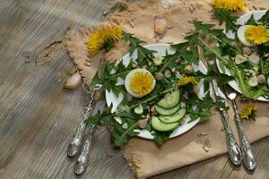 diente de león ensalada en un blanco lámina. foto