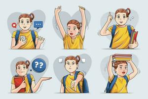 School Kid Student Vector Character Set. Back to school cute girl student characters pro download