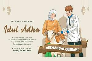 Happy eid al adha. Happy muslim couple buy a goat for qurban celebration vector illustration free download