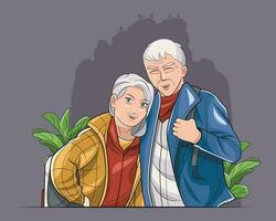 Age diversity. Senior couple enjoying mountain hike in the woods vector illustration free download