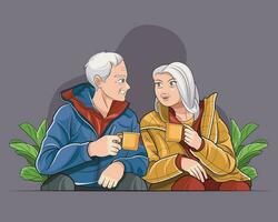 Age diversity. Senior couple holding cup with tea vector illustration free download