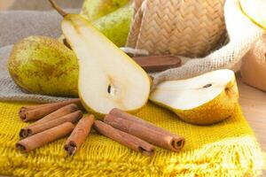 Green pears on a sackcloth photo