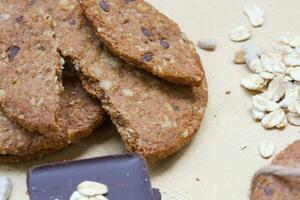 Fitness oat biscuits on an old wooden surface. Closeup photo