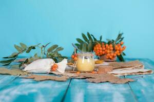 Rowan berries, glass with honey and honeycomb on a sackcloth. . photo