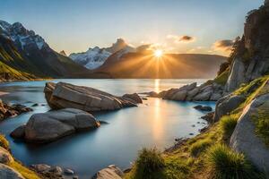 amanecer en el lago ai generado foto