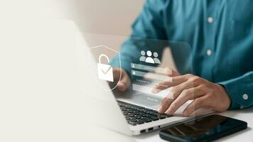 Cybersecurity concept, padlock icon and internet technology network, secure encryption of user's personal data, secure internet access. photo