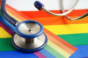 LGBT symbol, Stethoscope with rainbow ribbon, rights and gender equality, LGBT Pride Month in June. photo