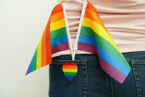 Asian woman with rainbow flag, LGBT symbol rights and gender equality, LGBT Pride Month in June. photo