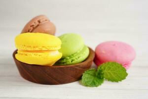 Macaron or french macaroon dessert, cake and cookies on the celebrated birthday. photo