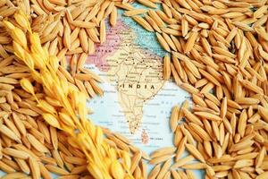 Bangkok, Thailand March 12, 2023 India map with grain rice from agriculture farm. Law and justice court concept. photo