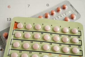 Birth control pills for female on calendar, ovulation day. photo