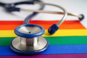 LGBT symbol, Stethoscope with rainbow ribbon, rights and gender equality, LGBT Pride Month in June. photo