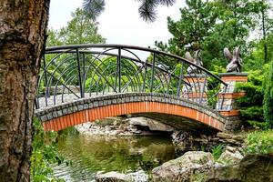 bellamente en pie viejo puente de madera sobre el río en fondo de color de cerca foto