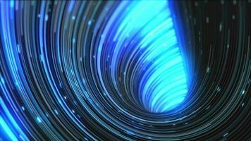 abstrakt Energie Blau wirbelnd gebogen Linien von glühend magisch Streifen und Energie Partikel Hintergrund video