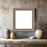 Square frame mockup in rustic interior, photo