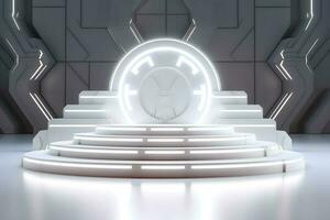 3D render white sci-fi product display podium with background futuristic photo