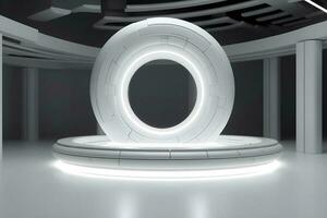 3D render white sci-fi product display podium with background futuristic photo