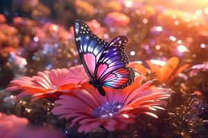 a butterfly on sunflower with blurry background. Nature stock image of a closeup insect. photo