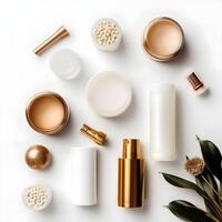 natural cosmético productos a color antecedentes. crema, mascarilla, loción para cara y cuerpo cuidado. parte superior ver imagen con Copiar espacio. ai generado foto