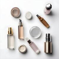 natural cosmético productos a color antecedentes. crema, mascarilla, loción para cara y cuerpo cuidado. parte superior ver imagen con Copiar espacio. ai generado foto