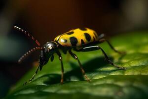 escarabajo en un hoja, macro fotografía, ai generado foto