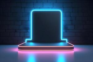 3d Futuristic Podium for technology product display in black background with neon light. photo