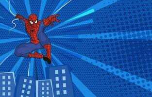Superhero Shoot Spider Web Through The Cityscape Background vector