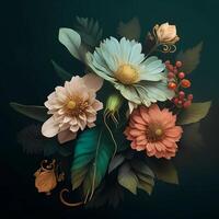 beautiful colorful flowers and ornament design on dark background, photo