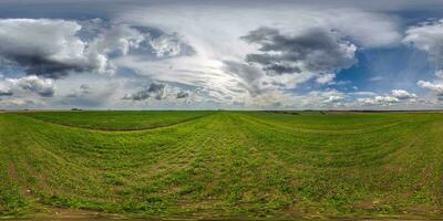 360 hdri panorama on green grass farming field with clouds on overcast sky before sunset in equirectangular spherical seamless projection, use as sky replacement in drone panoramas, game development photo