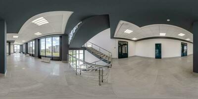 hdri 360 panorama view in empty modern hall near panoramic windows with columns, staircase and doors in full equirectangular spherical projection,may use as environment map in VR photo