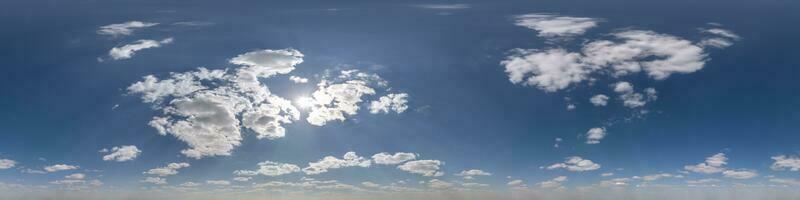 seamless cloudy blue sky hdri 360 panorama view with zenith and beautiful clouds for use in 3d graphics as sky dome replacement or edit drone shot photo