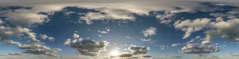 sunset skydome with evening clouds as seamless hdri 360 panorama view in spherical equirectangular format for use in 3d graphics or game development as sky dome replacement or edit drone shot photo