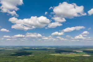 aerial panoramic view on blue sky dome background with white striped clouds in heaven and infinity may use for sky replacement photo