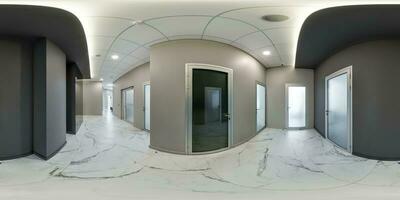 full seamless spherical hdri 360 panorama in interior empty narrow corridor for room office, modern apartments or clinic with many doors in equirectangular projection photo