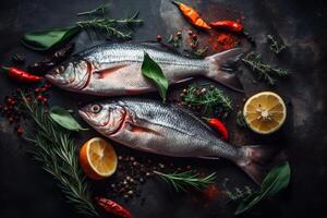 Delicious fresh fish on dark vintage background. Fish with aromatic herbs, spices and vegetables - healthy food, diet or cooking concept photo