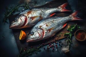 Delicious fresh fish on dark vintage background. Fish with aromatic herbs, spices and vegetables - healthy food, diet or cooking concept photo