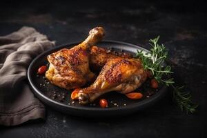 Grilled chicken legs with spices on a black plate on a stone background with copy space for your text photo