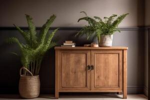 Beautiful potted fern and accessories on wooden cabinet in hallway. Space for text photo
