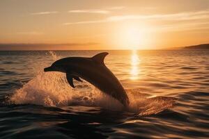 hermosa nariz de botella delfines saltando fuera de mar a puesta de sol ai generado foto