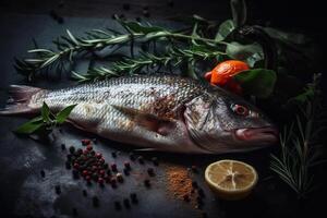 Delicious fresh fish on dark vintage background. Fish with aromatic herbs, spices and vegetables - healthy food, diet or cooking concept photo